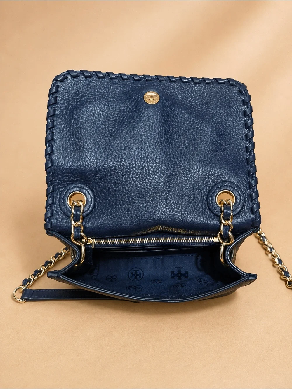 Tory Burch Navy Leather Whipstitch Logo Crossbody with Gold Chain
